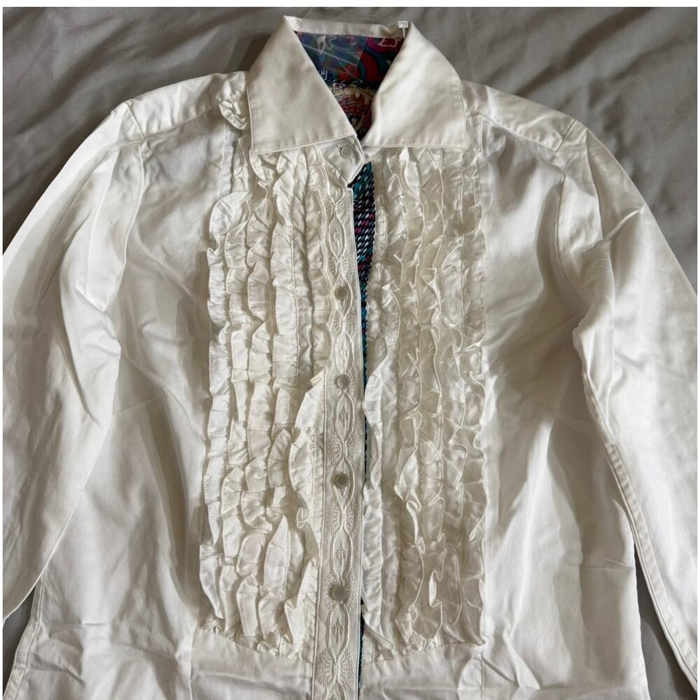 Robert Graham White Ruffle Shirt Women's XS Colorful Cuff Button Down - Picture 7 of 13
